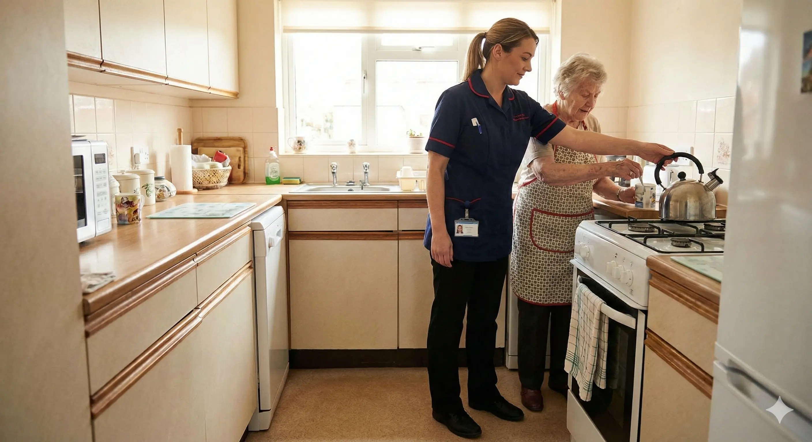 A Caring Companions care worker helping an older client prepare a drink in her kitchen in Bridgend