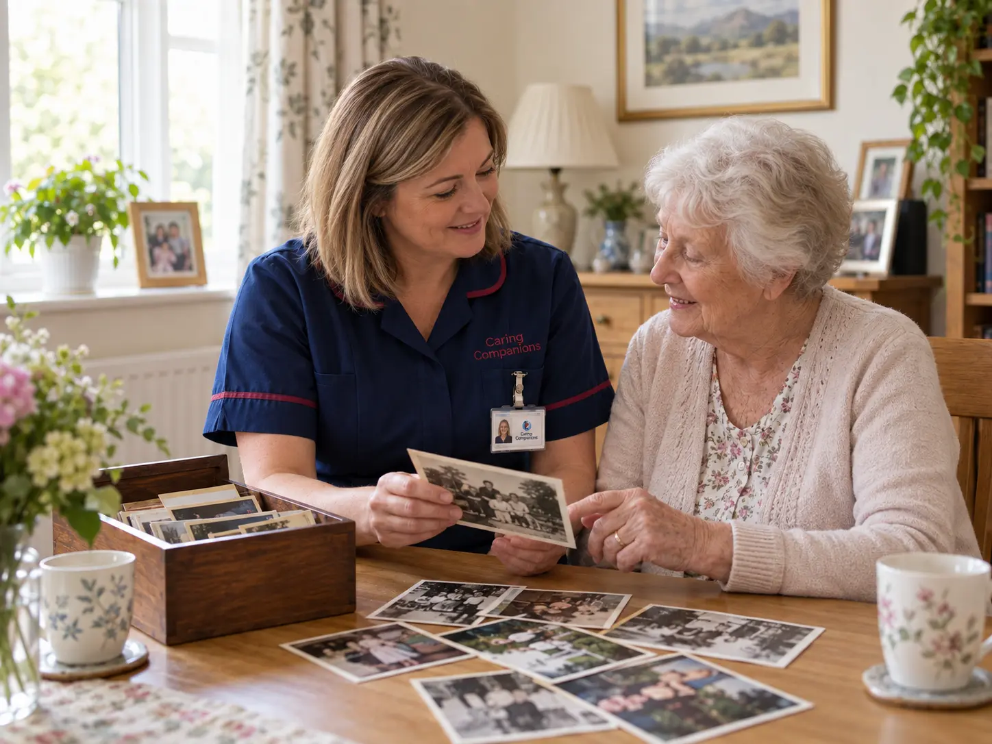A Caring Companions care worker supporting an older person with a familiar memory activity