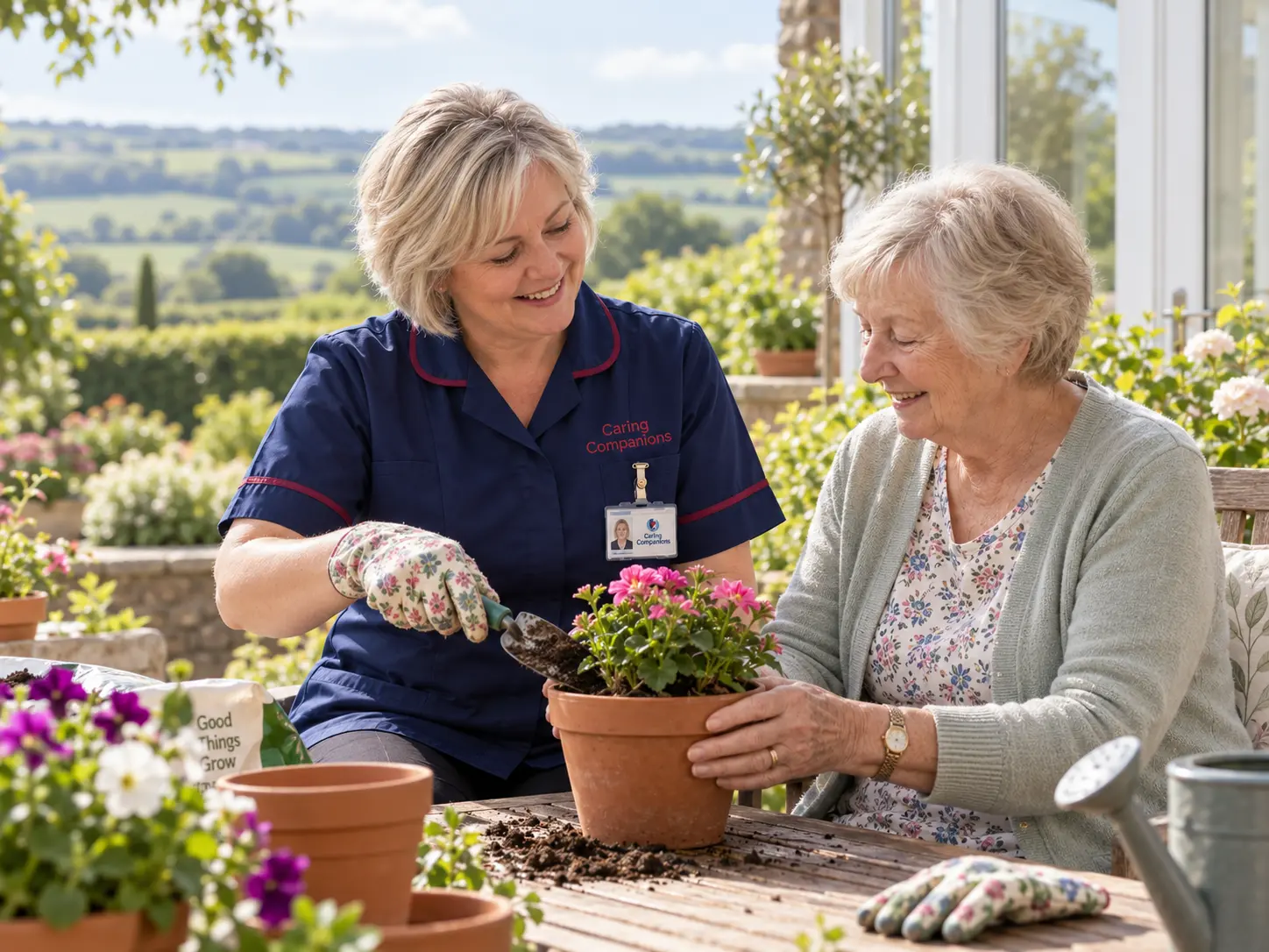 A Caring Companions care worker supporting an older person in a garden in the Vale of Glamorgan