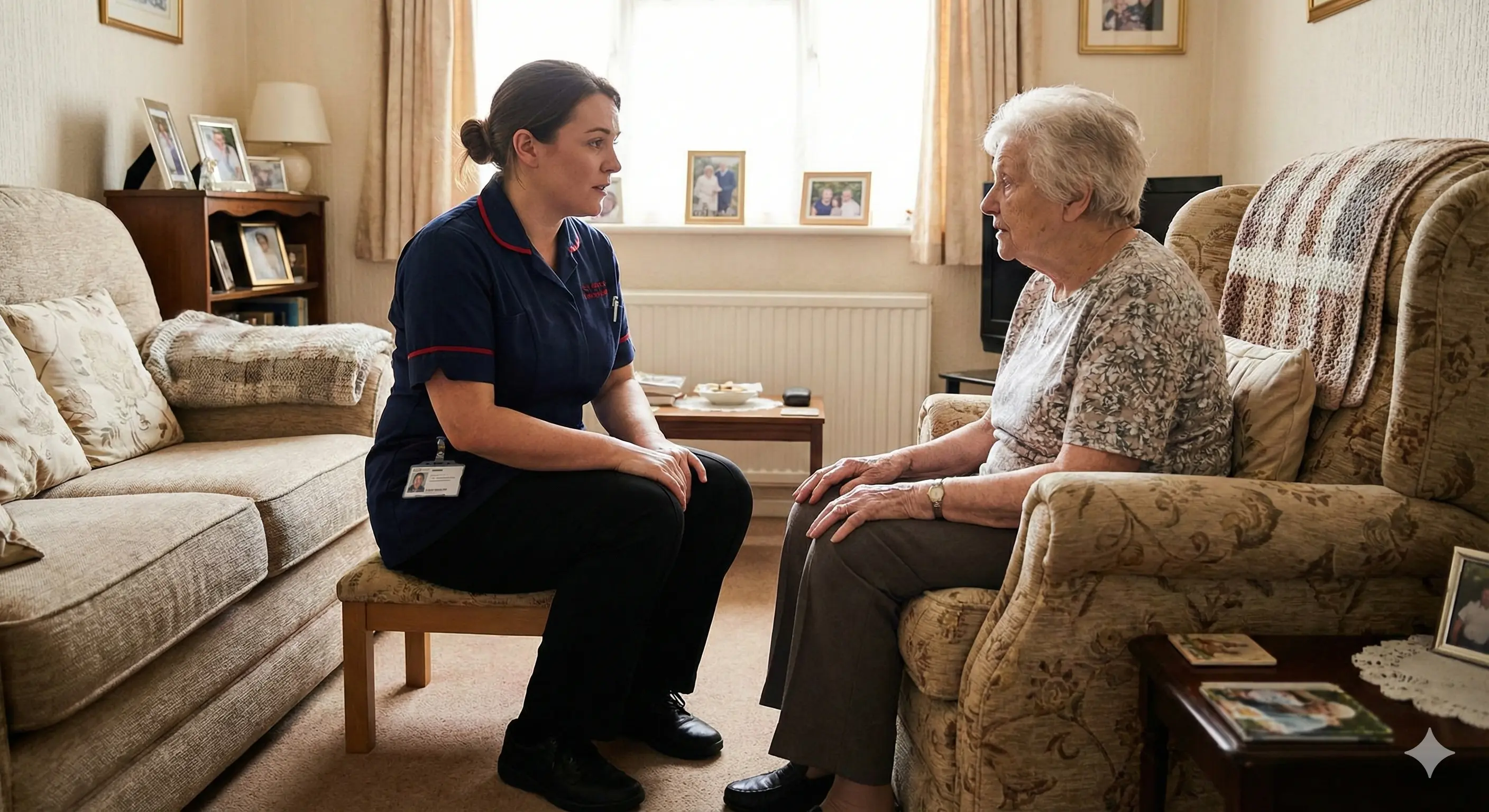 A Caring Companions care worker providing attentive companionship to an older client at home